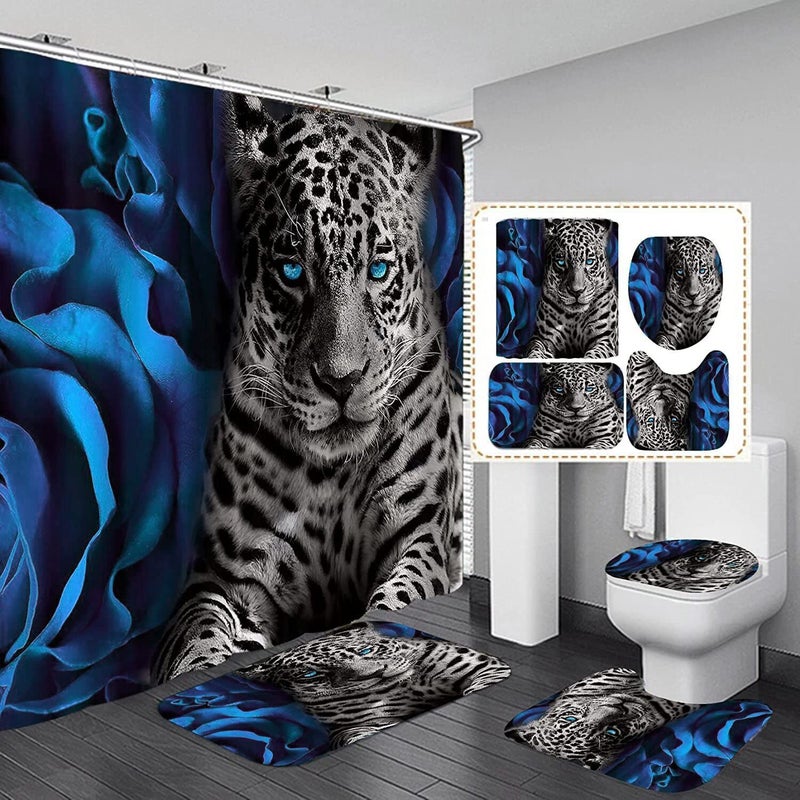 jieprom 4PCS Blue Rose and Leopard Shower Curtain Bathroom Set with Rugs  Toilet Lid Cover and Bath Mat  Blue Shower Curtain with 12 Hooks  Durable Bathroom Decor Set - Image 1